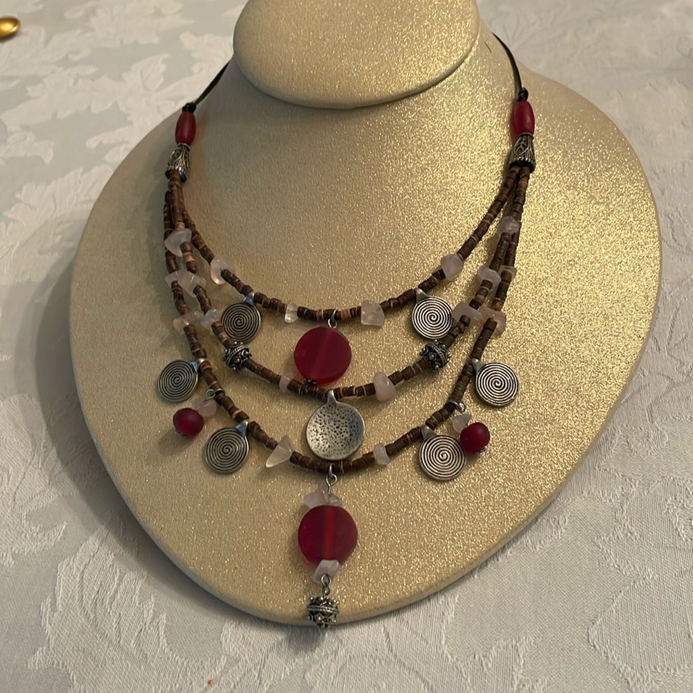 Multi strand statement necklace with beads , acrylic stones and silver accents